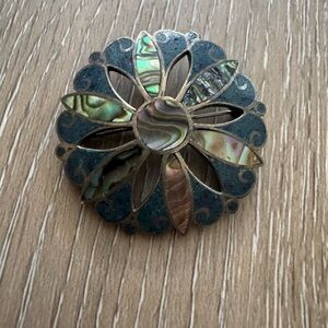 Taxco inlaid abalone and blue stone brooch and pendant